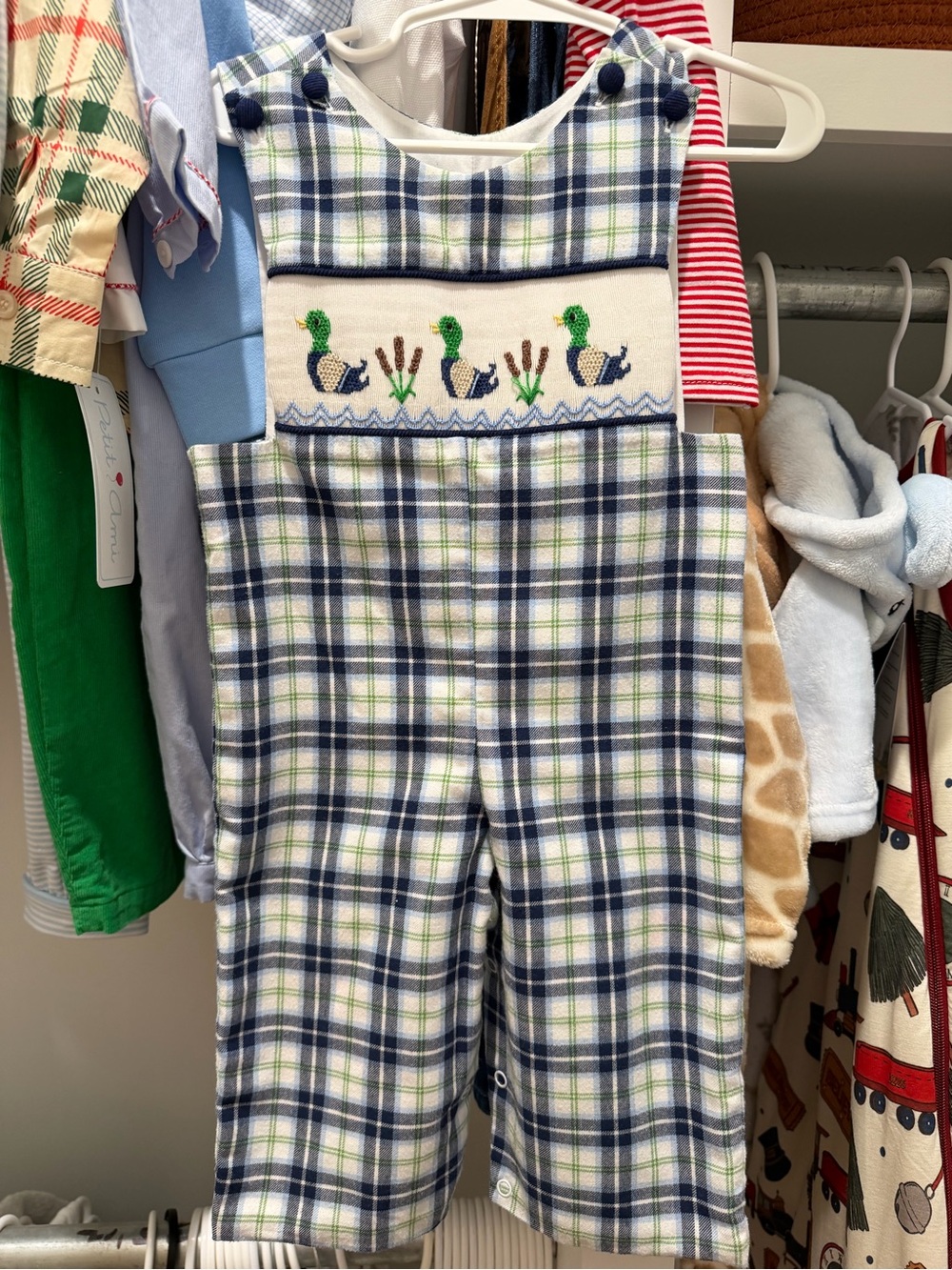 Smocked Plaid Duck Smocked One-Piece Bodysuit - Navy, Green & White